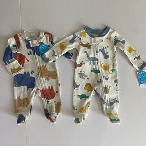 2 Carter's Preemie Sleepers New NWT Dinosaur Hippos Cotton Footies Zip Up Cute